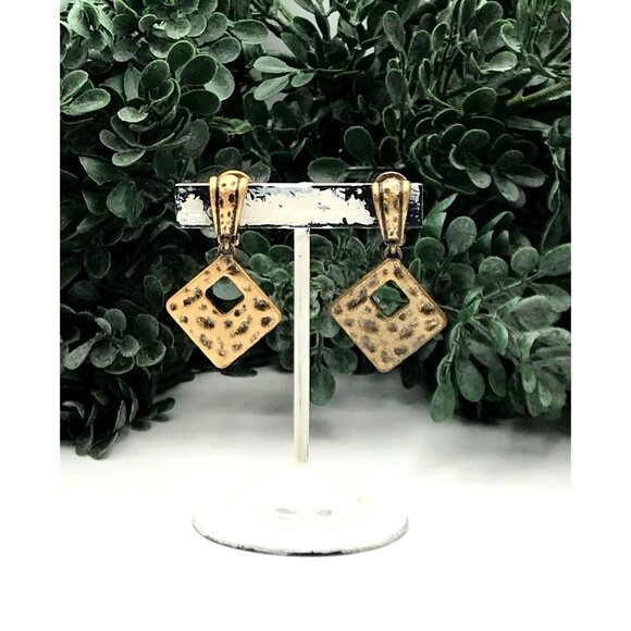 Vintage Hammered Square Brass Dangle Earrings With Cutout Design clip on by Prem - Picture 3 of 5